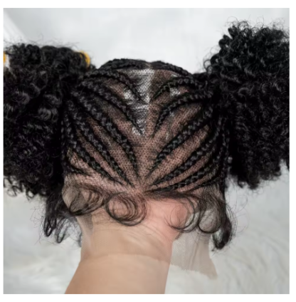 HD Transparent Full Lace Braided Cornrow Braids With 2 Curly Buns Wig - Image 6