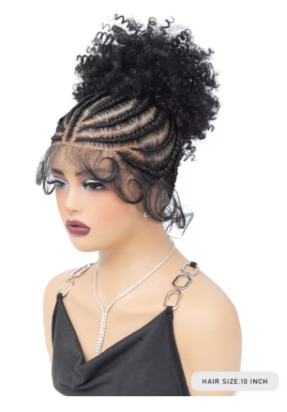 10"  Full Lace Cornrow Braided Wig with Ponytail Buns - Image 2