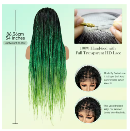36" Synthetic Box Braided Wigs Lace Front Knotless Box Braids Hair Wig 34 Inches - Image 2