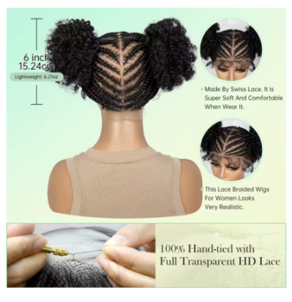HD Transparent Full Lace Braided Cornrow Braids With 2 Curly Buns Wig - Image 5