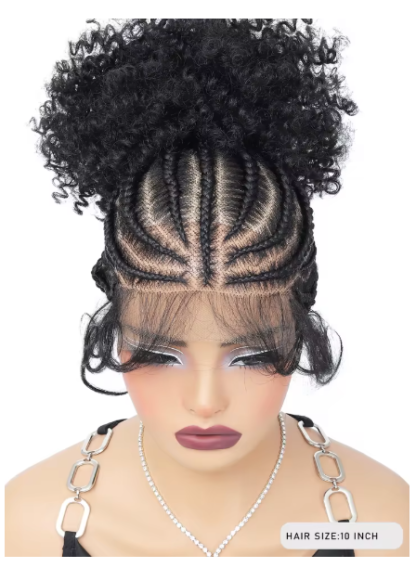 10"  Full Lace Cornrow Braided Wig with Ponytail Buns - Image 4