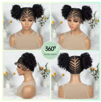 HD Transparent Full Lace Braided Cornrow Braids With 2 Curly Buns Wig - Image 3