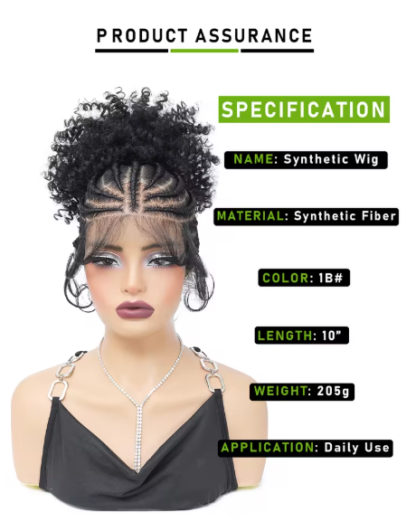 10"  Full Lace Cornrow Braided Wig with Ponytail Buns - Image 5