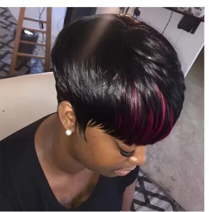 Short Pixie Cut Human Hair Straight 80's Vibe Layered Bob With Bangs In Color 1B With 99J Color Highlights 150% Density - Image 5