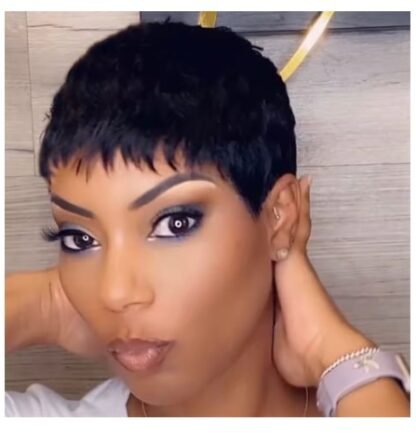 Pixie Cut Brazilian Human Hair  Natural Black Straight Wig  With Bangs