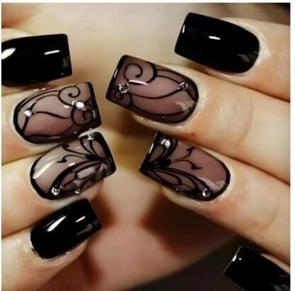 24 PCS/ Set "BLACK PERSIAN" Design Press On Nails