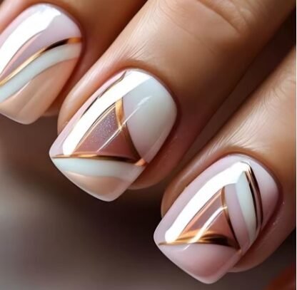 24 PCS/ Set Short Square Press On Nails "GEO GOLD" Design