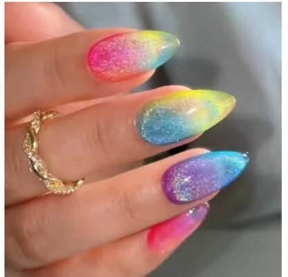 24 PCS/ Set Short Square Press On Nails "RAINBOW DELIGHT" Design