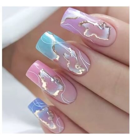 24 PCS/ Set Short Square Press On Nails "ARTIC BLAST" Design