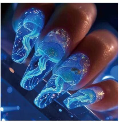 24 PCS/ Set Square Press On Nails "BLUE JELLY FISH" Design