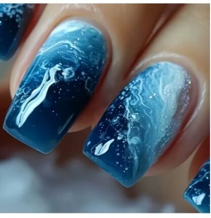 24 PCS/ Set Square Press On Nails "BLUE LAGOON" Design