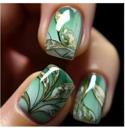 24 PCS/ Set Square Press On Nails "GREEN LEAF" Design