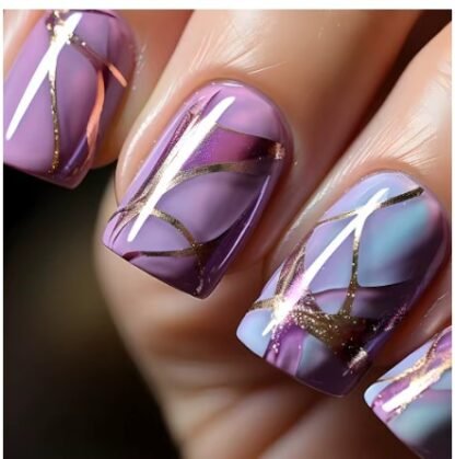 24 PCS/ Set Square Press On Nails "PURPLE MARBLIZATION" Design