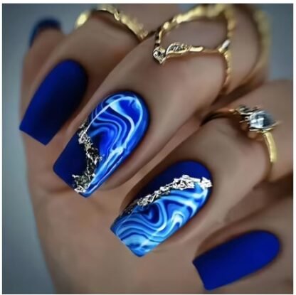 24 PCS/ Set Square Press On Nails "COBALT BLUE MAZE" Design