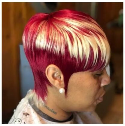 Short Human Hair Pixie Cut Wig With Bangs Burgundy With Blonde Bombshell Highlights
