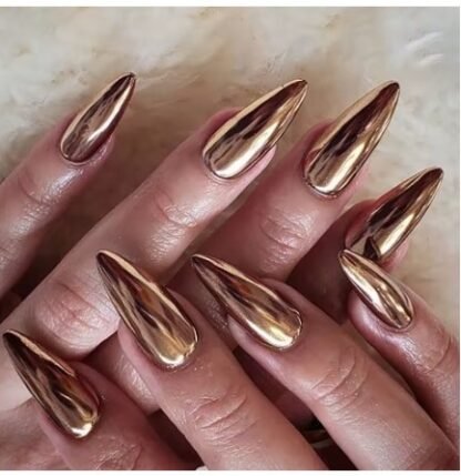 24 PCS/ Set Almond Press On Nails "METALIC GOLD" Design