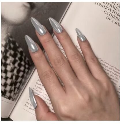 24 PCS/ Set Almond Press On Nails "METALIC SILVER" Design