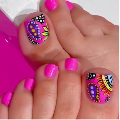 24PCS/ Set Short Square Toe Press On Nails w/ "HOT PINK FLORAL" Design