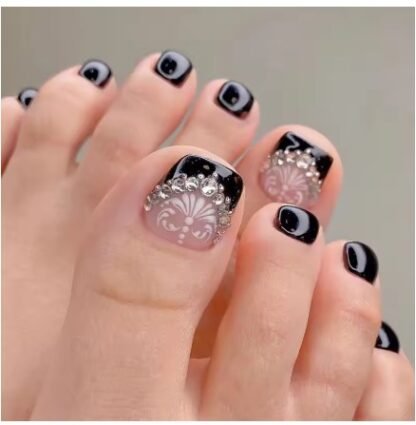 24PCS/ Set Short Square Toe Press On Nails w/ "BLACK FRENCH BLING" Design