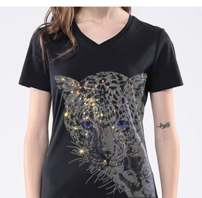 Boho Black Diamond Rhinestones Leopard Head Graphic Cotton T-Shirt - O Neck And V Neck Short Sleeve - Image 15