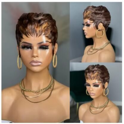 Short Tapered Straight Brazilian Human Hair Pixie Cut Wig   Color 4 With 30 Highlights