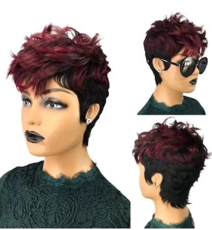 Short Pixie Layered/ Tapered Wave Human Hair In Color 1B With 99J Top layers With Bangs