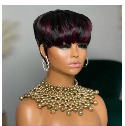 Short Pixie Cut Human Hair Straight 80's Vibe Layered Bob With Bangs In Color 1B With 99J Color Highlights 150% Density - Image 4