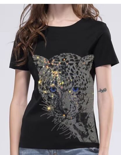 Boho Black Diamond Rhinestones Leopard Head Graphic Cotton T-Shirt - O Neck And V Neck Short Sleeve - Image 14