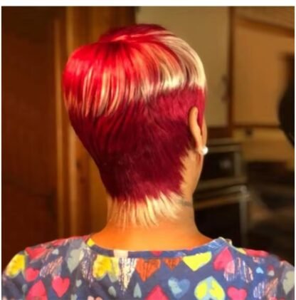Short Human Hair Pixie Cut Wig With Bangs Burgundy With Blonde Bombshell Highlights - Image 4