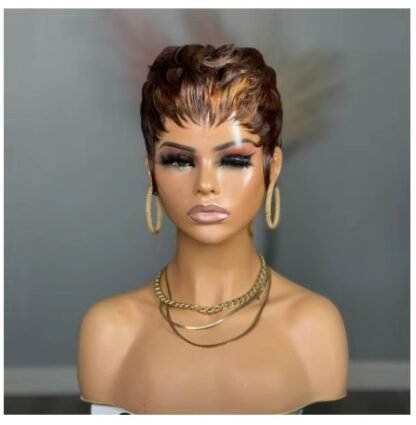 Short Tapered Straight Brazilian Human Hair Pixie Cut Wig   Color 4 With 30 Highlights - Image 2