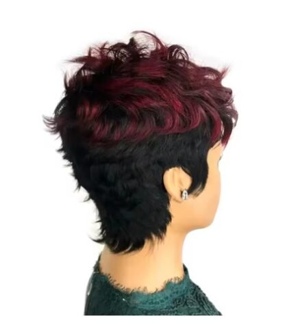 Short Pixie Layered/ Tapered Wave Human Hair In Color 1B With 99J Top layers With Bangs - Image 3