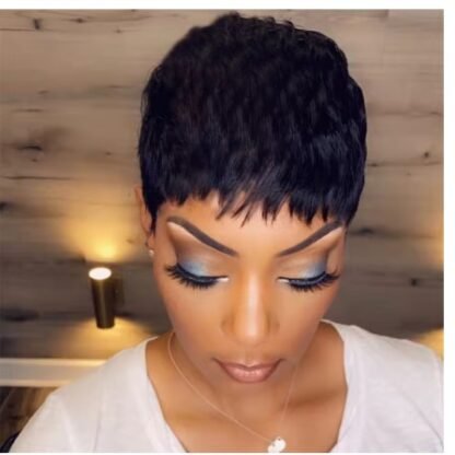 Pixie Cut Brazilian Human Hair  Natural Black Straight Wig  With Bangs - Image 4
