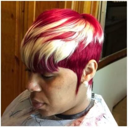 Short Human Hair Pixie Cut Wig With Bangs Burgundy With Blonde Bombshell Highlights - Image 3