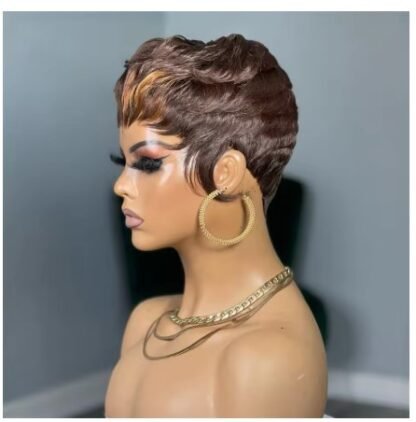 Short Tapered Straight Brazilian Human Hair Pixie Cut Wig   Color 4 With 30 Highlights - Image 3