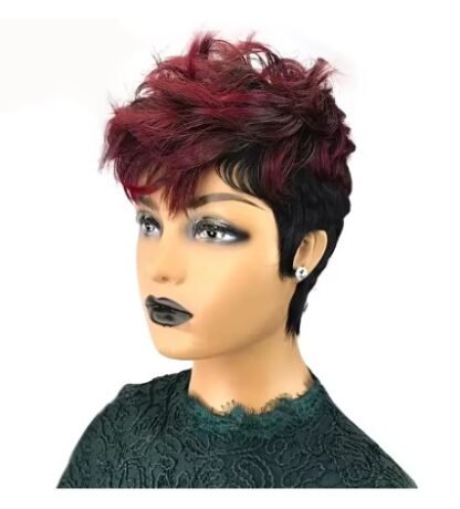 Short Pixie Layered/ Tapered Wave Human Hair In Color 1B With 99J Top layers With Bangs - Image 4