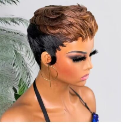 Short Human Hair Pixie Cut Wig Colored 1B Taper With Color 4 And 30 On Top Layers