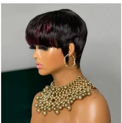 Short Pixie Cut Human Hair Straight 80's Vibe Layered Bob With Bangs In Color 1B With 99J Color Highlights 150% Density - Image 3