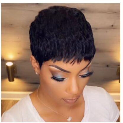Pixie Cut Brazilian Human Hair  Natural Black Straight Wig  With Bangs - Image 3
