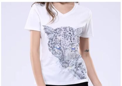 Boho Black Diamond Rhinestones Leopard Head Graphic Cotton T-Shirt - O Neck And V Neck Short Sleeve - Image 12