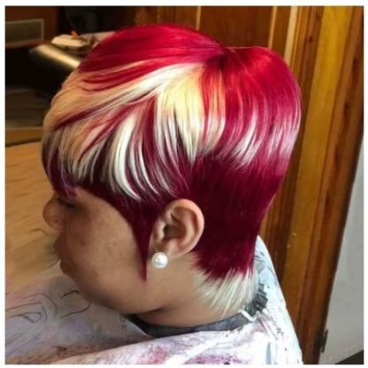 Short Human Hair Pixie Cut Wig With Bangs Burgundy With Blonde Bombshell Highlights - Image 2
