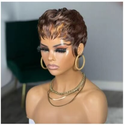 Short Tapered Straight Brazilian Human Hair Pixie Cut Wig   Color 4 With 30 Highlights - Image 4