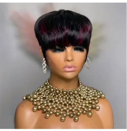 Short Pixie Cut Human Hair Straight 80's Vibe Layered Bob With Bangs In Color 1B With 99J Color Highlights 150% Density - Image 2
