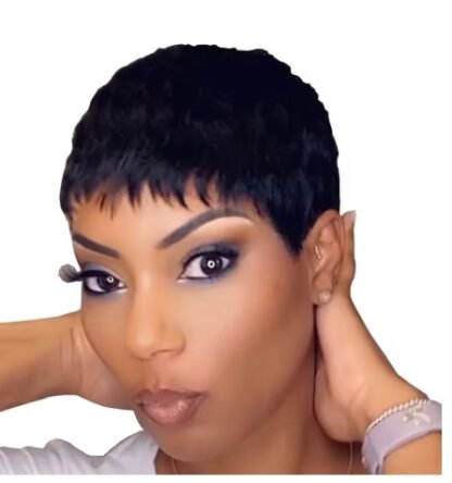 Pixie Cut Brazilian Human Hair  Natural Black Straight Wig  With Bangs - Image 2