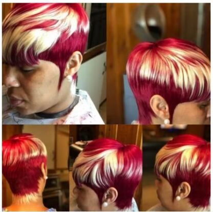 Short Human Hair Pixie Cut Wig With Bangs Burgundy With Blonde Bombshell Highlights - Image 5
