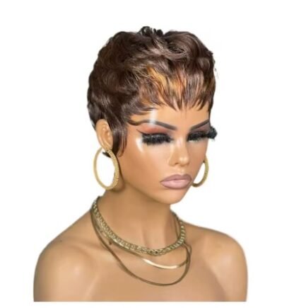 Short Tapered Straight Brazilian Human Hair Pixie Cut Wig   Color 4 With 30 Highlights - Image 5