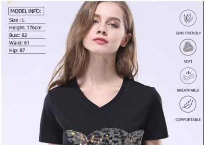 Boho Black Diamond Rhinestones Leopard Head Graphic Cotton T-Shirt - O Neck And V Neck Short Sleeve - Image 9