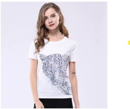 Boho Black Diamond Rhinestones Leopard Head Graphic Cotton T-Shirt - O Neck And V Neck Short Sleeve - Image 8