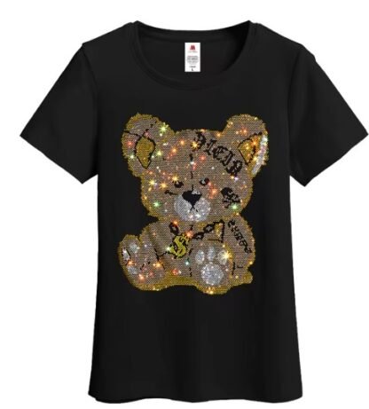 Personality Cartoon "TEDDY BEAR"  Diamond Rhinestones Lady Bling T-Shirt ~ Small To 5XL {O- Neck/ V-Neck} 3 Colors