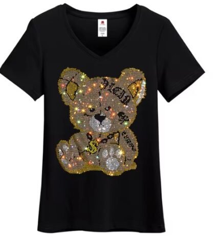 Personality Cartoon "TEDDY BEAR"  Diamond Rhinestones Lady Bling T-Shirt ~ Small To 5XL {O- Neck/ V-Neck} 3 Colors - Image 6