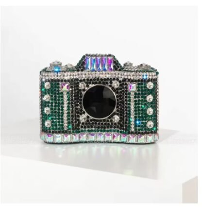 Camera Shaped Diamond Rhinestones  Metallic Evening Clutch Hand Bag Purse (4 Colors)  "HIGHEST QUALITY"